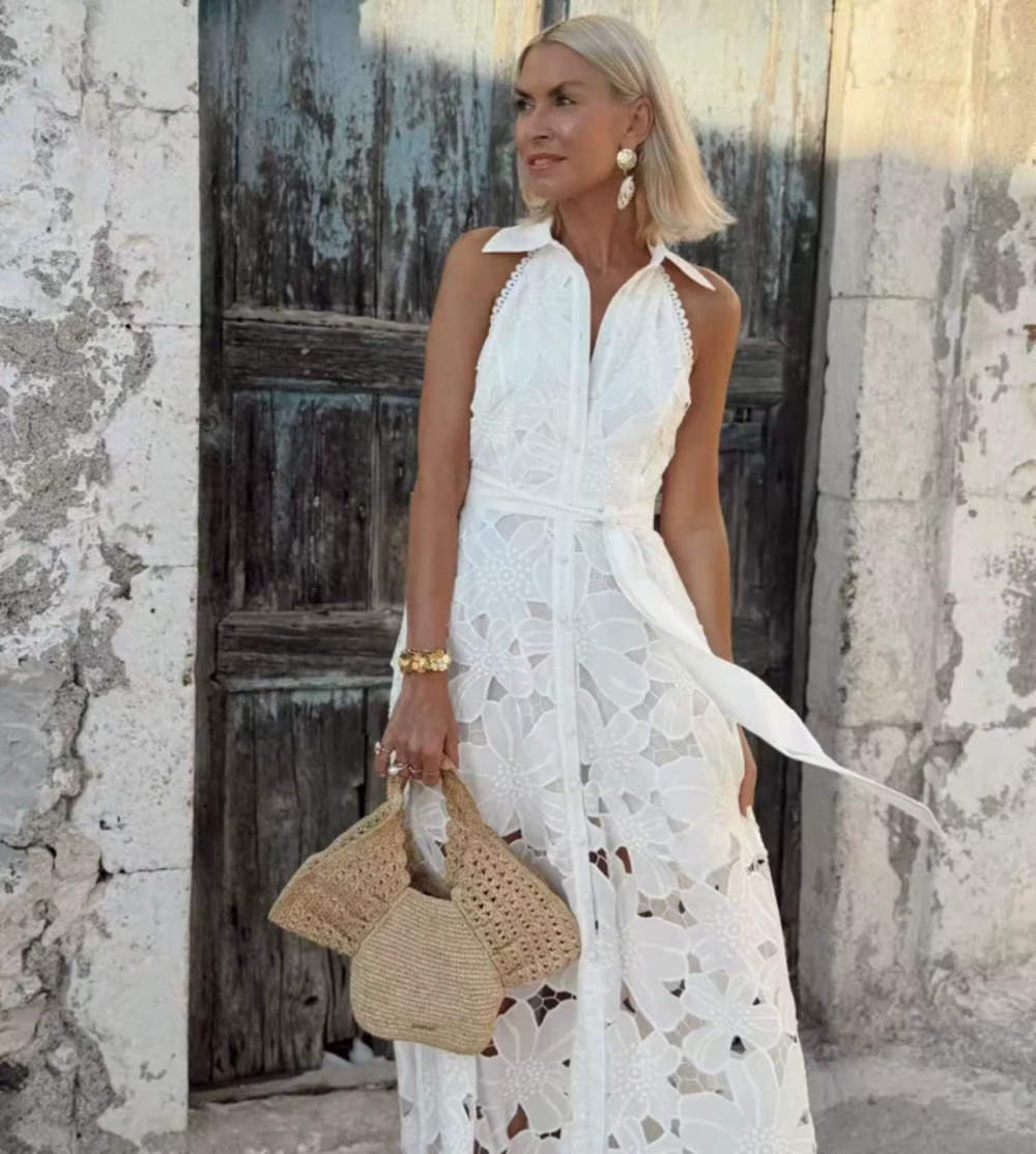 ZARA White Lace Hollow Out Collared Sleeveless Fitted A Line Vacation Dress